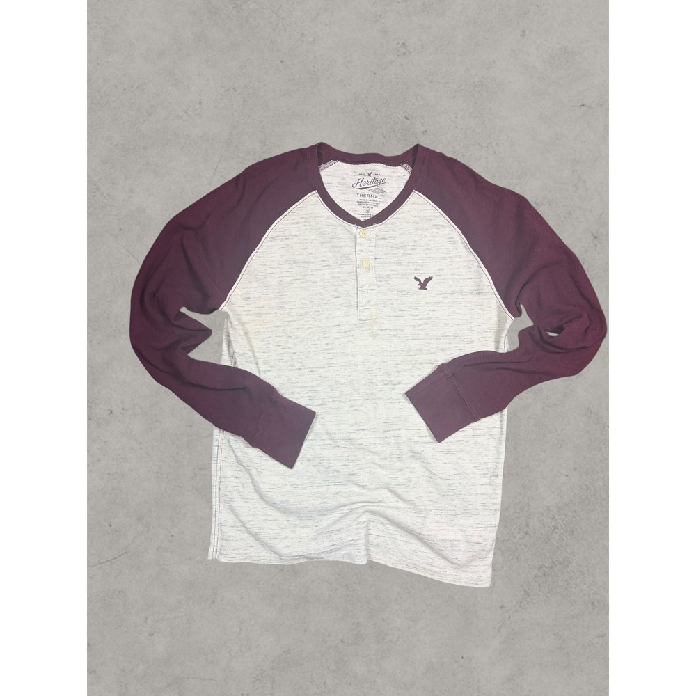 American Eagle Mens Heritage Thermal Henley Shirt Grey Burgundy Raglan Medium